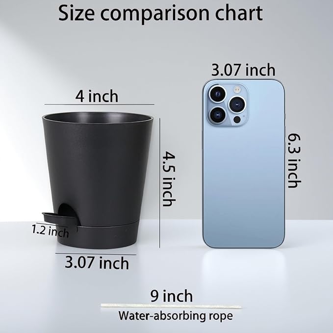 12 Pack 4 Inch Self Watering Plant Pots with Drainage and Saucers，Plastic Flower Pots for Indoor and Outdoor Plants, Nursery Planters for Houseplants and Herbs Black, 4 inch 12pcs-VerdiqueGarden