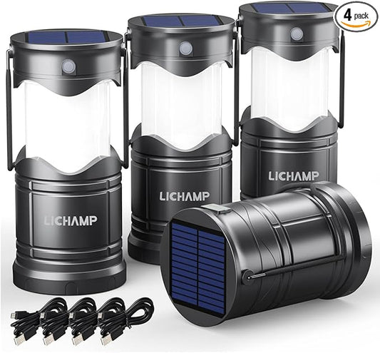 Lichamp 4-Pack Solar Camping Lantern, USB Rechargeable LED Lanterns Battery Powered Pop Up Flashlight Lamps with Three Modes Power for Power Outages Hurricane Supplies Emergency Indoor & Outdoor-VerdiqueGarden