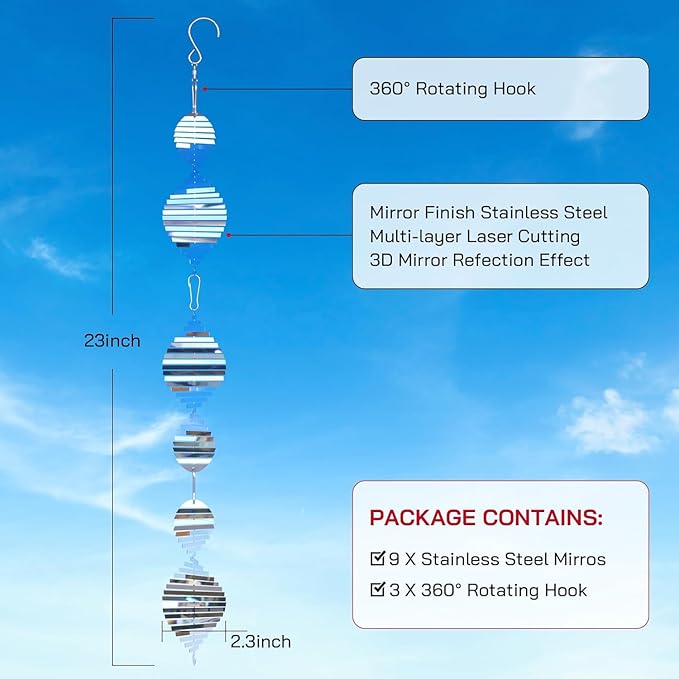 Bird Deterrents for Outside, Reflective 3D Stainless Steel Wind Spinners, Garden Decor, Bird Scare Devices to Keep Woodpeckers, Pigeons Away from Your House, Patio, Orchards-VerdiqueGarden