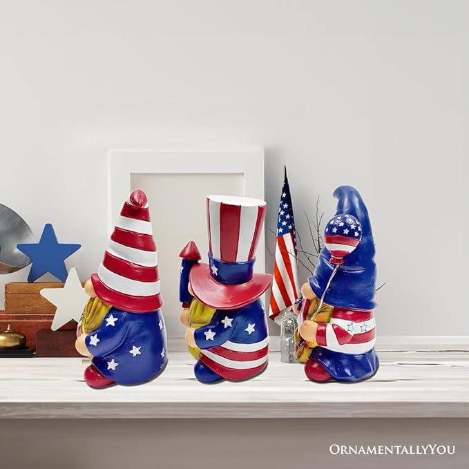 Spring & Summer-Themed Garden Statues – Adorable Outdoor Decor for Lawn, Patio & Porch (Patriotic Gnome Trio Figurines, 6" Set of Three Garden Statues and July 4th Decoration)-VerdiqueGarden