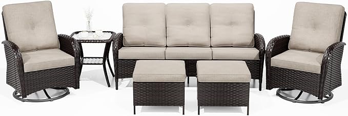 Joyside 6 Piece Patio Furniture Set, Outdoor Wicker Conversation Sets with Swivel Rocker Chairs and Sofa, Thick Cushion, Rattan Patio Sectional for Porch, Deck Use (Brown/Beige, 6 PCS)-VerdiqueGarden