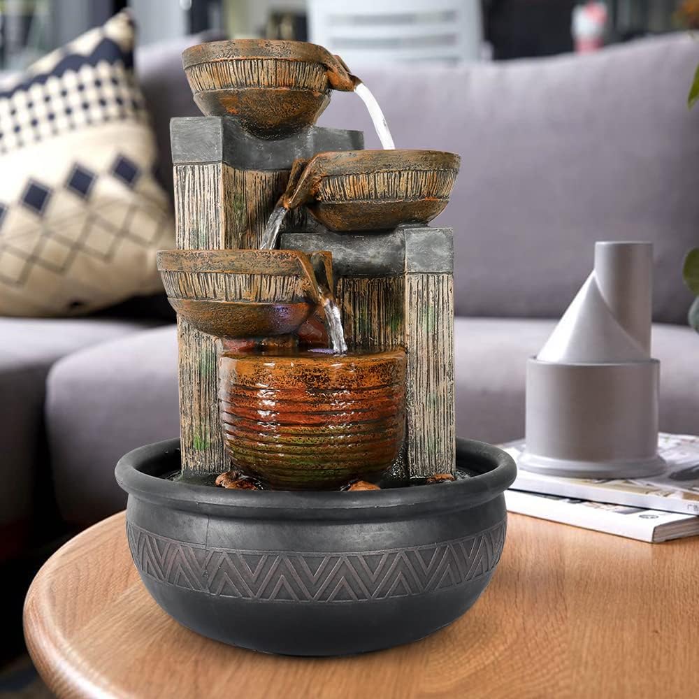 15.7''H 4-Tier Relaxation Indoor Tabletop Waterfall Fountain with LED Lights Desktop Fountains Calming Sound for Home Office Bedroom Decor (Brown, 15.7inch)-VerdiqueGarden