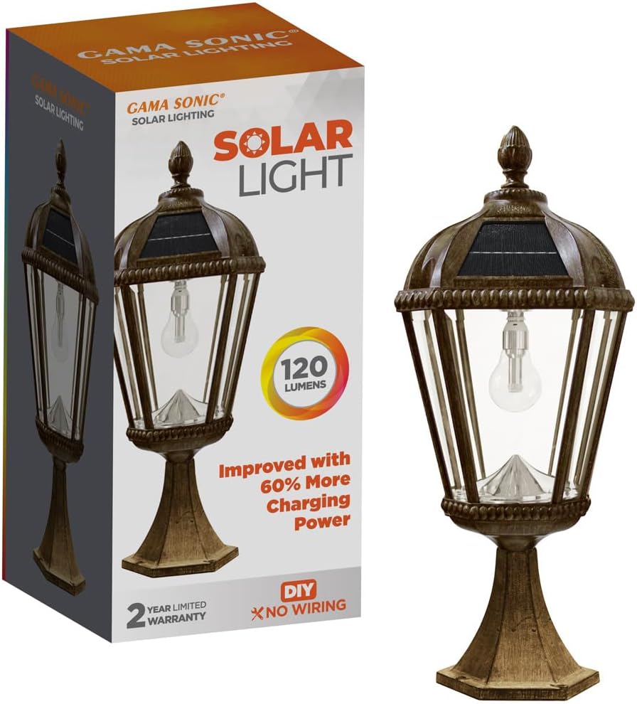 Gama Sonic Outdoor Solar Post Light with Pier Base, Weathered Bronze Finish Aluminum and Beveled Glass, Royal Bulb 150 Lumens Warm White LED, Mount on Column or Flat Surface 98B311, Upgraded Panel-VerdiqueGarden