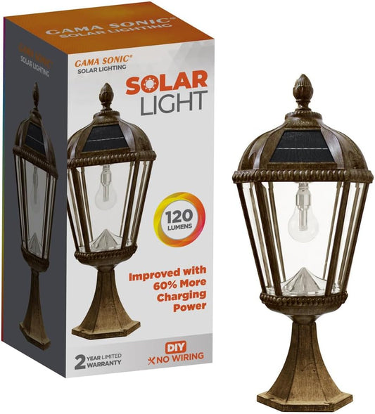 Gama Sonic Outdoor Solar Post Light with Pier Base, Weathered Bronze Finish Aluminum and Beveled Glass, Royal Bulb 150 Lumens Warm White LED, Mount on Column or Flat Surface 98B311, Upgraded Panel-VerdiqueGarden