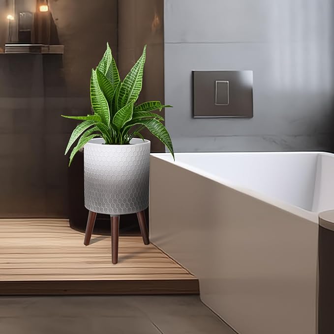 10 Inches Plant Pot with Stand, Large Modern Standing Planters with Drainage Holes for Indoor Plants, White&Gray Flower Pots with Legs-VerdiqueGarden
