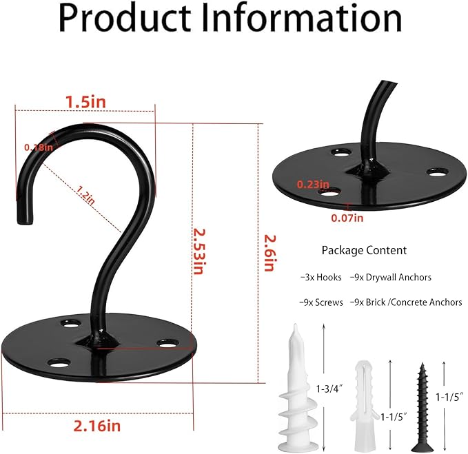 Ceiling Hooks for Hanging Plants-Heavy Duty Wall Mount Hanger Bracket for Hanging Bird Feeders, Lanterns, Wind Chimes, Planters, Outdoor Decoration (3 Pack) (Black)-VerdiqueGarden