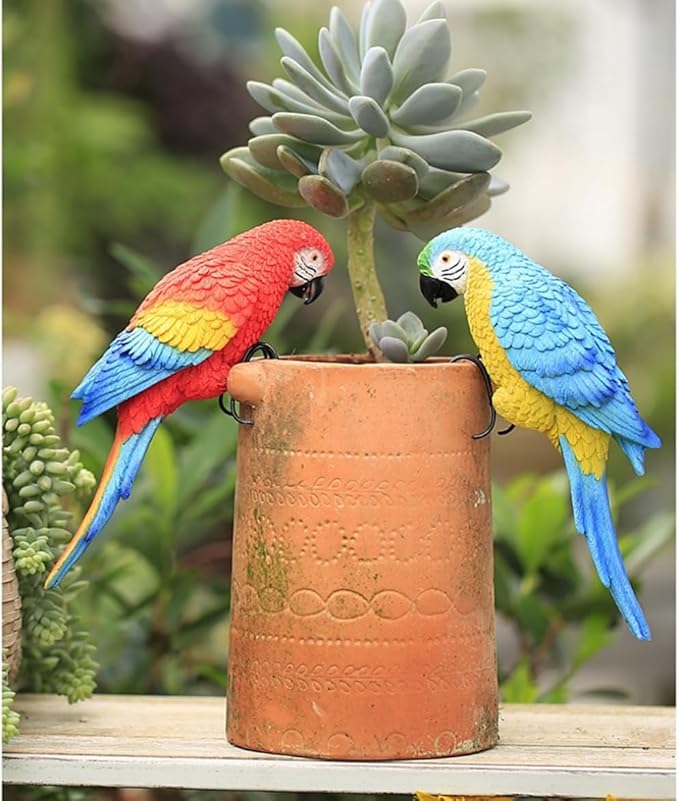 Realistic Parrot Sculpture Resin Hanging Parrots Garden Statues Lifelike Bird Figurines Landscape Ornament Patio Yard Lawn Figurine Tree Decor, Outdoor Garden Wall Statues (Red)-VerdiqueGarden