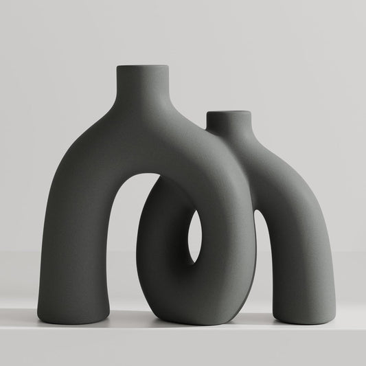 Hug Donut Decorative Vase Set - Dark Gray Modern Minimalism Industrial Style Vases Home Decor, Matte Ceramic Decorations for Living Room Shelf, Bookshelf Mantle Entryway Table or Console Décor(Gray)-VerdiqueGarden