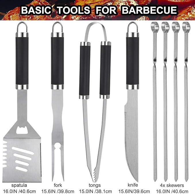 Grilljoy 24PCS BBQ Grill Tools Set with Meat Thermometer and Injector - Extra Thick Stainless Steel Fork, Spatula& Tongs - Complete BBQ Accessories in Aluminum Case - Perfect Grill Gifts for Men-VerdiqueGarden