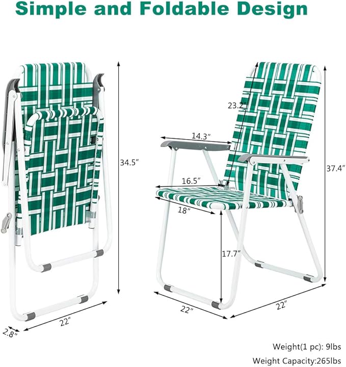 VINGLI Patio Lawn Webbed Folding Chairs1 Piece, Outdoor Beach Chair Portable Dining Chair for ir for Outdoor Yard, Garden(Green, Classic)-VerdiqueGarden