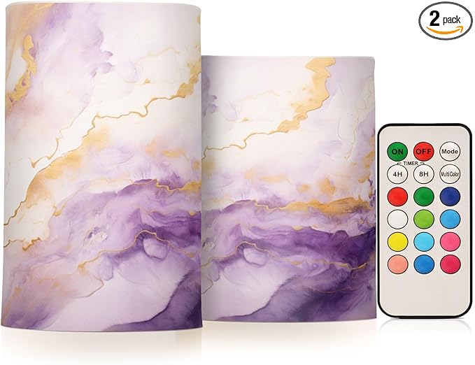 Flickering Flameless Candles, Purple Gold Marble LED Candles with Remote Timer, Set of 2 Battery Operated Candle for Valentine Wedding Birthday-VerdiqueGarden