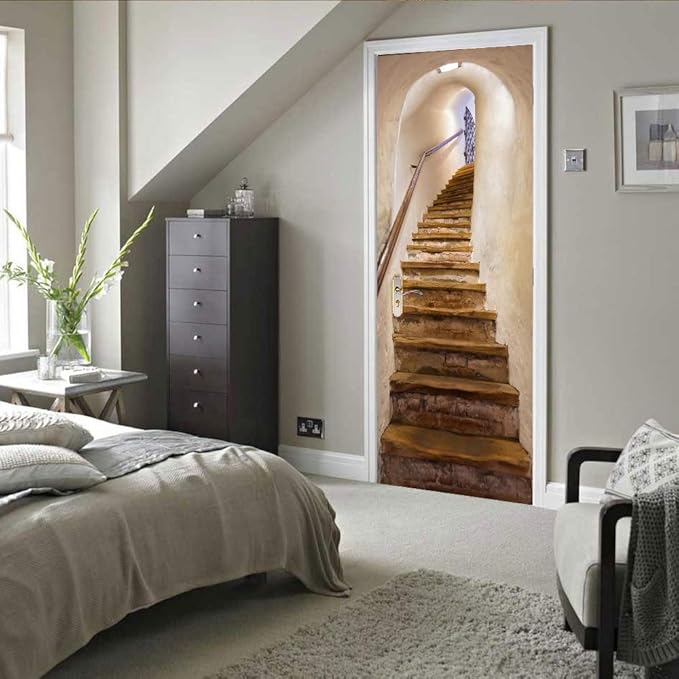 3D Door Stickers Murals - Stairs - Door Wallpaper - Self-Adhesive - Removable - PVC - Waterproof - Matt Finish - Modern - Beige-VerdiqueGarden