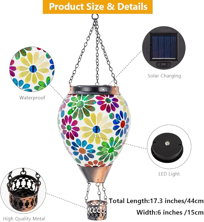 Starsoul Mosaic Flowers Hot Air Balloon Solar Lantern Glass Outdoor Hanging Hot Air Balloon Solar Flickering Flame Light Waterproof Garden Patio Yard Party Decorations-VerdiqueGarden