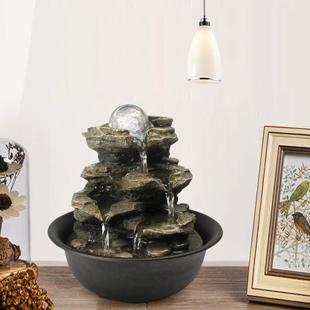 Spinning Orb Rock Cascading Tabletop Fountain, Zen Meditation Indoor Waterfall Feature with LED Light for Home Office Bedroom Relaxation-VerdiqueGarden