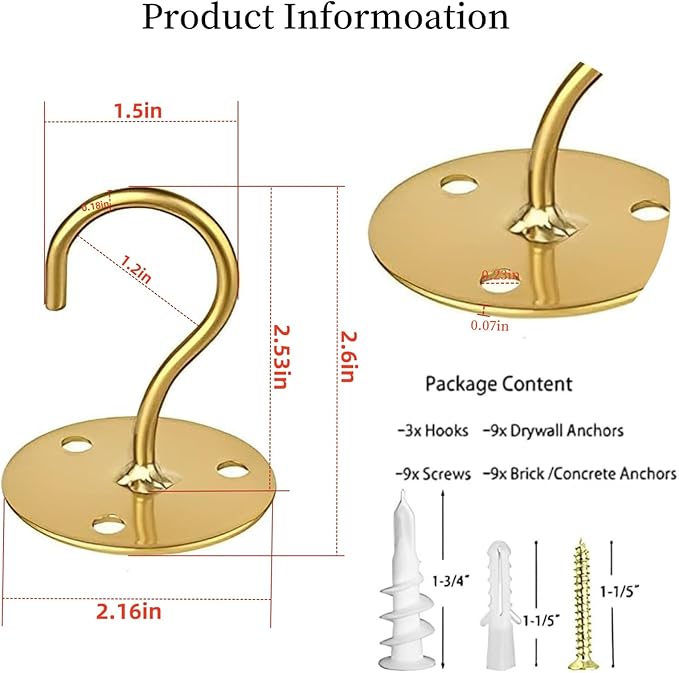 Ceiling Hooks for Hanging Plants- Metal Heavy Duty Wall Mounted Hangers for Hanging Bird Feeders, Planters, Wind Chimes, Include Professional Drywall Anchors (5 Pack) (Bright Gold)-VerdiqueGarden