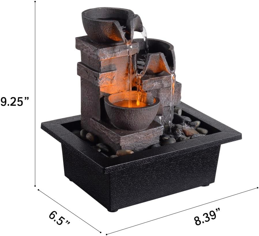 Indoor Fountain 3-Bowl Rockery Soothing Sound Tabletop Fountains Home/Office Decor with Natural River Rocks LED Lights Automatic Watering Pump(22044A)-VerdiqueGarden