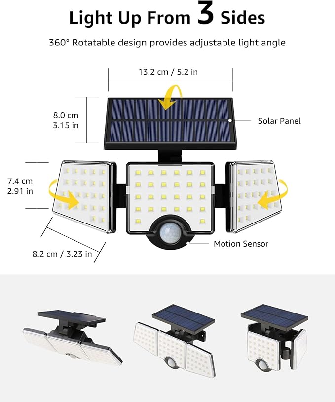 LE Solar Lights for Outside, Solar Lights Outdoor with Motion Sensor, WL4000 High Brightness, 3 Adjustable Heads 270° Wide Lighting Angle, IP65 Waterproof, Wireless Wall Lamp for Yard Garage-VerdiqueGarden