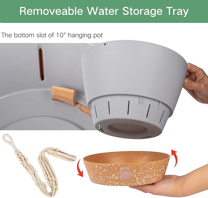 QCQHDU 2 Pack Hanging Planters for Indoor Plants, Outdoor Hanging Baskets, Self Watering Pots with Drainage Holes & Removable Tray (Light Grey, 10 inch, Macrame Hanger)-VerdiqueGarden