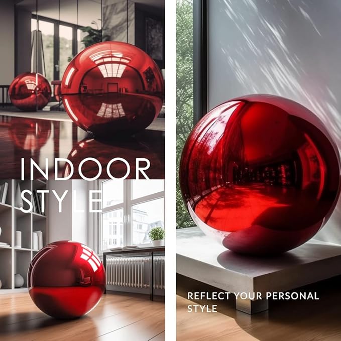 10 Inch Stainless Steel Gazing Globe,v2croft Hollow Ball Mirrored Surface Polished Shiny Sphere,Garden Stainless Steel Gazing Ball for Outdoor Lawn Pond Yard Ornament(red)-VerdiqueGarden