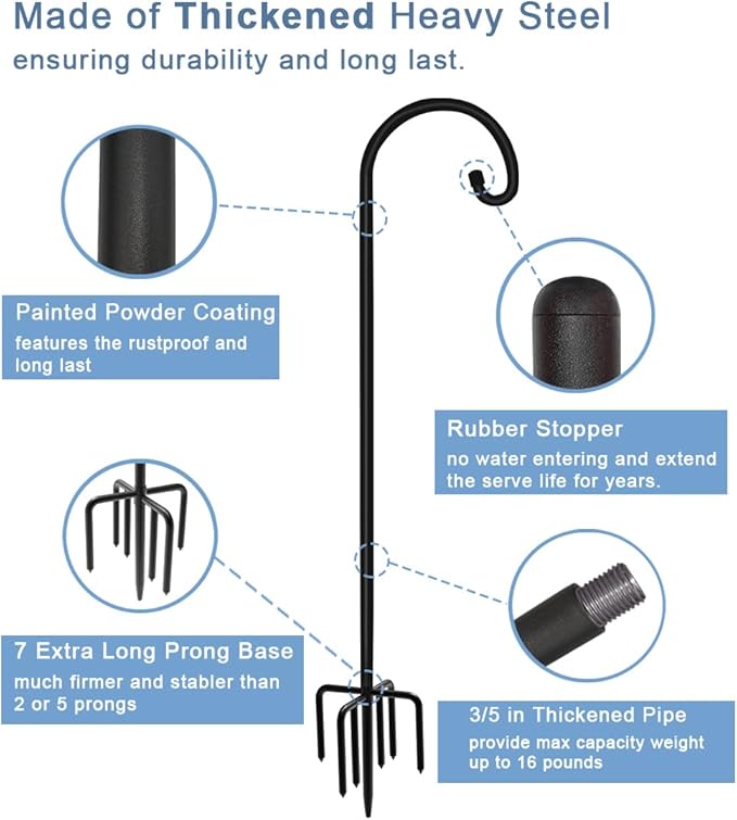 108 inch Outdoor Shepherd Hook with 5 Prong Base (2 Packs), Adjustable Heavy Duty Garden Hanging Stake for Bird Feeder Solar Light Plant Hanger Wedding Decor, Matte Black-VerdiqueGarden