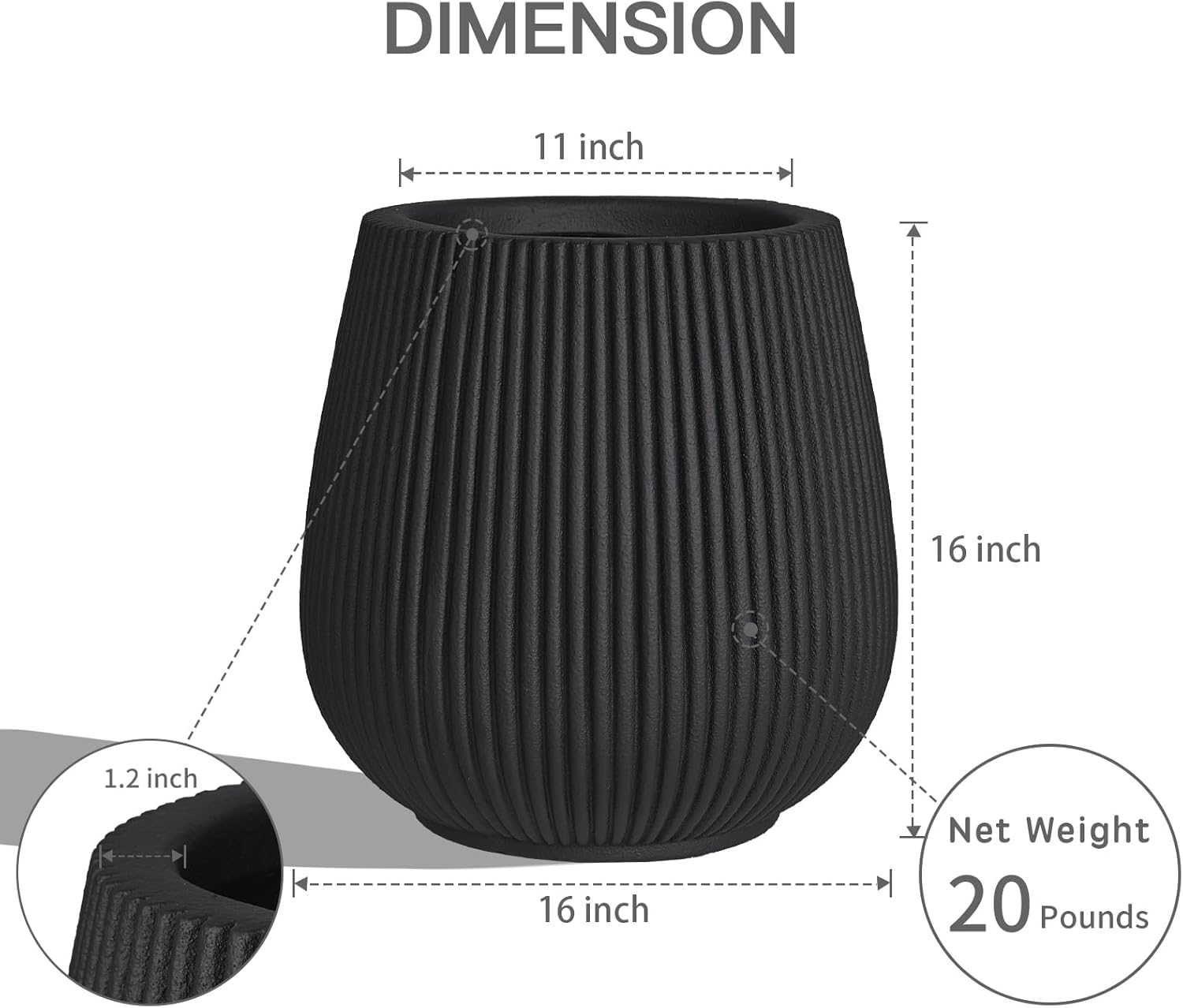 16 Inch Handmade Concrete Outdoor Planter - Classic Striped Design | Fiberglass & Composite Material | Durable for Commercial & Home Decor-VerdiqueGarden