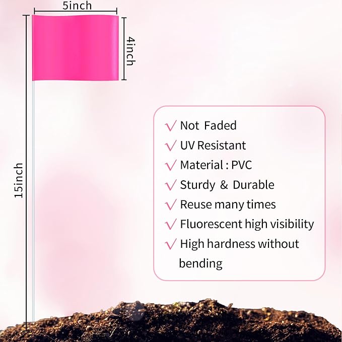 Zozen 50Pack Fluorescent Pink Marking Flags, Writable/15x4x5 Inch, Yard Flags for Lawn & Irrigation & Landscape & Sprinkler & Survey & Dog Training.-VerdiqueGarden