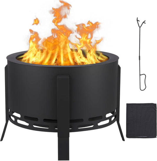 26" Smokeless Fire Pit with Ash Tray Base,Smokeless Outdoor Firepits with Adjustable Foot&Fire Poker,Firepit with Dust Bag,Outdoor Fire Pits for BBQ,Bonfire,Camping-VerdiqueGarden