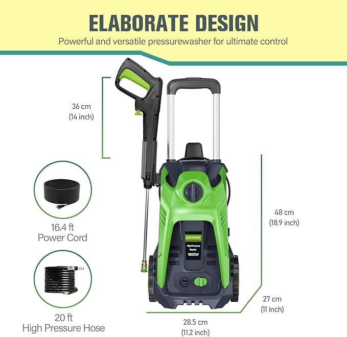 Pressure Washer with 25 FT Hose, 16.4 FT Power Cord, Soap Tank Car Wash Machine Green-VerdiqueGarden