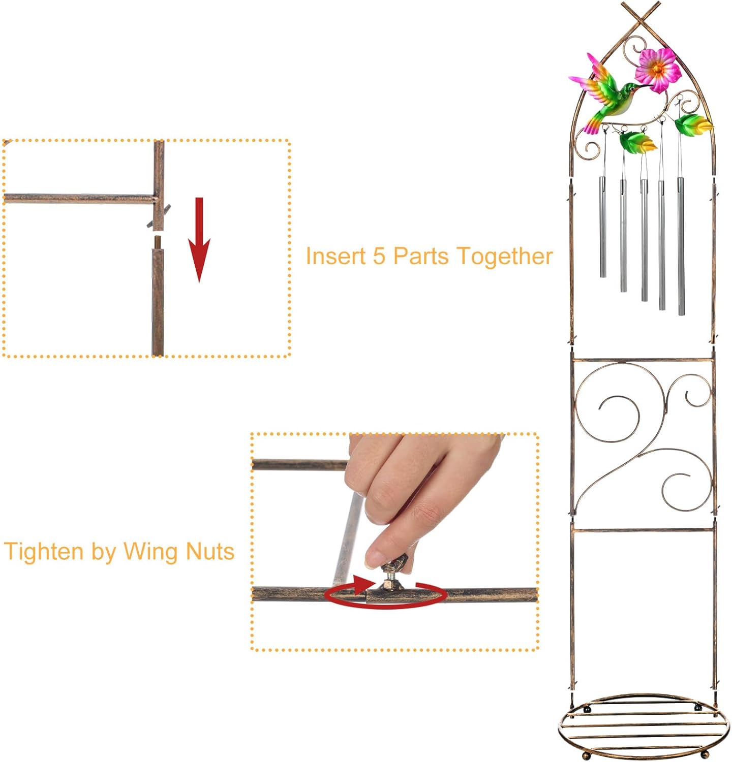 Garden Trellis with Plant Stands, 48” Metal Detachable Hummingbird Plant Pot Trellis with Wind Chimes for Climbing Plants Outdoor Lawn Patio Porches Decor-VerdiqueGarden