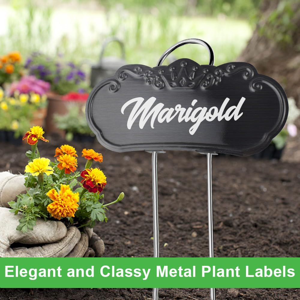 50 Packs Metal Plant Labels, Tall Outdoor Garden Markers for Flowers, Fruits and Vegetables, Weatherproof (Each 25 Pack, 4" x 1.9", Silver and Black)-VerdiqueGarden