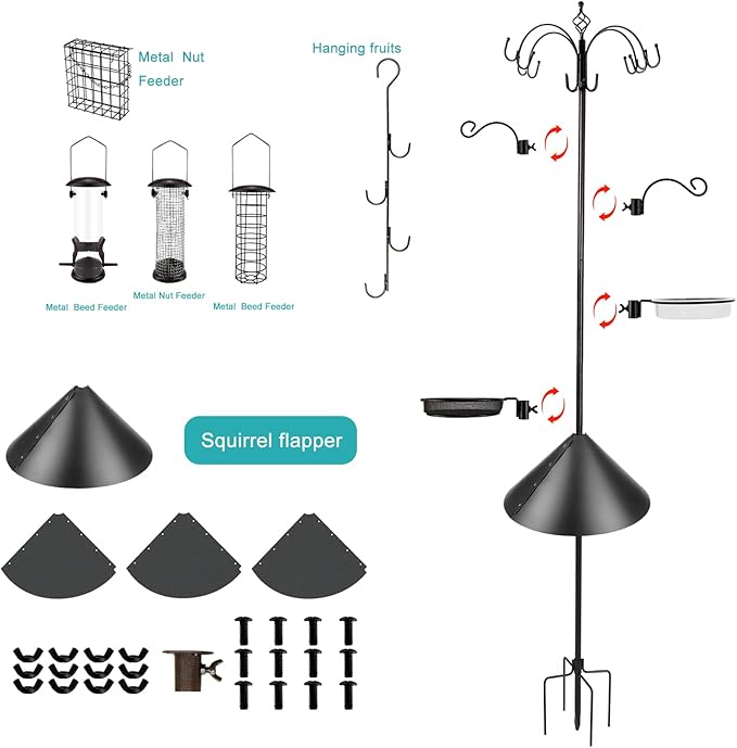 Bird Feeding Station Kit Bird Feeder Pole Wild Bird Feeder Kit with Squirrel Baffle and Suet Cage Mesh Tray Fruit Hook Double W Hook for Attracting Wild Birds-VerdiqueGarden