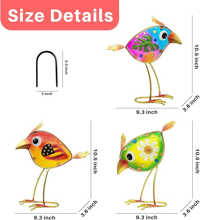 Garden Decor Metal & Glass Bird Decor for Indoor & Outdoor Set of 3 Birds, Lawn Ornaments for Patio Yard Porch, Outdoor Statue Decorations-VerdiqueGarden