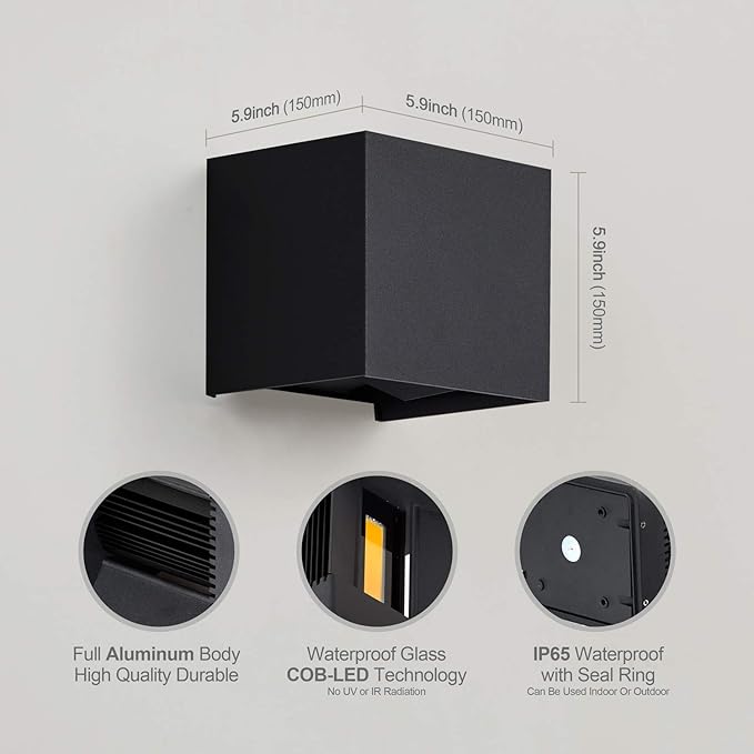LANFU Aluminum 40W 3000K Cube Square Indoor Outdoor IP65 Waterproof Wall Lights Black Modern Wall Sconce LED Lighting Fixture Black 40W Larger Outside for Patio House-VerdiqueGarden