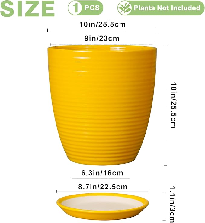 10 Inch Plant Pot - Ceramic Pot for Plants Outdoor Planter for Indoor Plants Large Plant Pot with Drainage Hole and Saucer Round Flower Pot for Home Patio Office Yellow-VerdiqueGarden