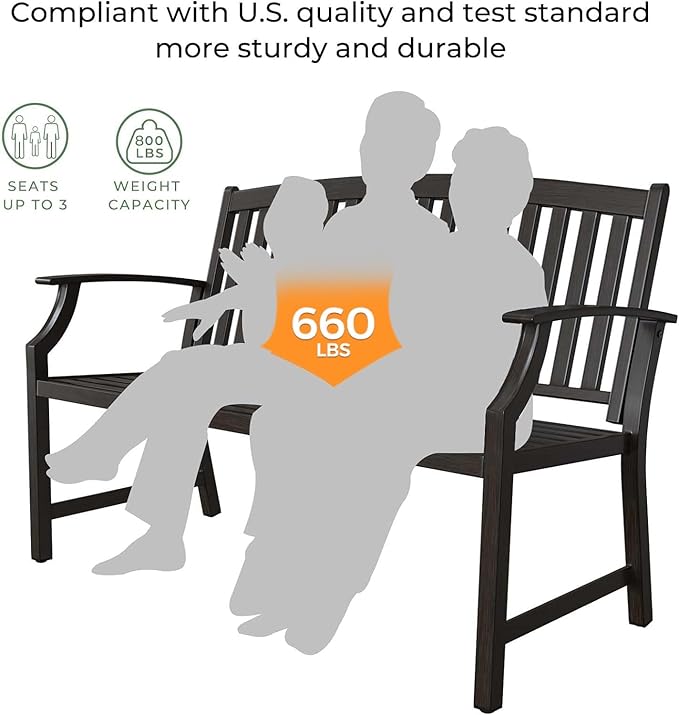 Grand patio 52" Farmhouse Outdoor Bench, Garden Benches with Rust Free Metal Powder Coated Frame and Aluminum Backrest, Faux Wood Grain Finish Frame Patio Bench for Front Porch, Northwoods Brown-VerdiqueGarden