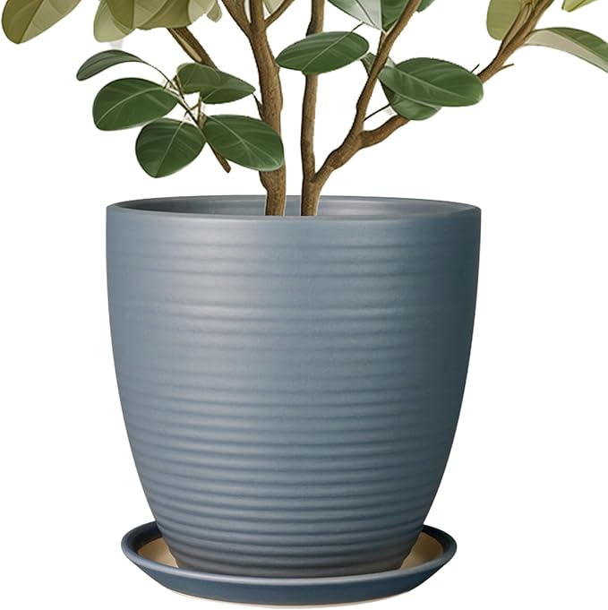 10 Inch Ceramic Planter Round Plant Pots for Plants Indoor Outdoor Glaze Large Flower Pot with Drainage Hole and Saucer Gray-VerdiqueGarden