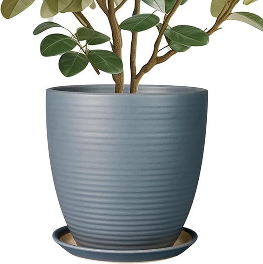 10 Inch Ceramic Planter Round Plant Pots for Plants Indoor Outdoor Glaze Large Flower Pot with Drainage Hole and Saucer Gray-VerdiqueGarden