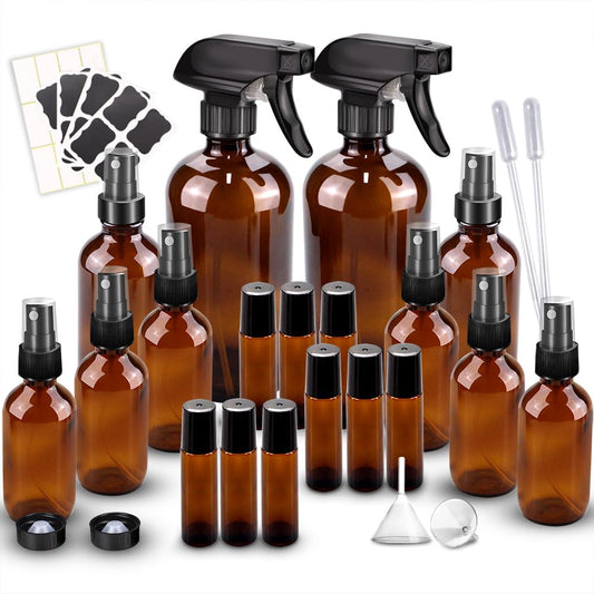 Glass Spray Bottle Kit×10 (2×16oz, 2×4oz, 6×2oz), 9×10ml Roller Bottles, Anti UV, Multi Size and Versatile, Suitable for Aromatherapy, Facial Moisturizing, Watering, etc.(Amber)-VerdiqueGarden