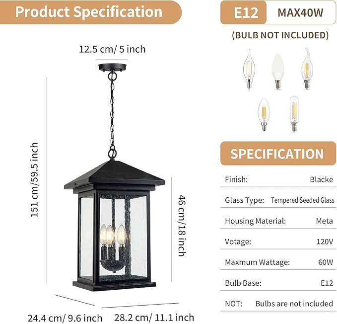 Classic Outdoor Hanging Lantern – Weather-Resistant, Stylish, Matte Black Finish, Clear Seeded Glass and Functional, Extra Large Size-VerdiqueGarden
