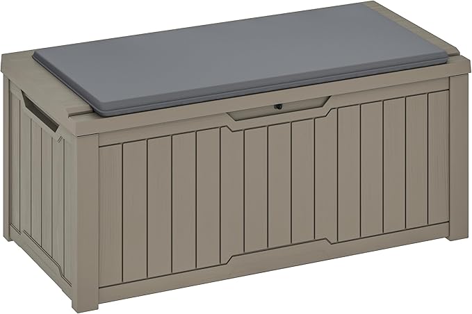 YITAHOME 120 Gallon Outdoor Storage Deck Box with Cushion, Large Resin Patio Storage for Outdoor Pillows, Garden Tools and Pool-Supplies, Waterproof, Lockable (Taupe)-VerdiqueGarden