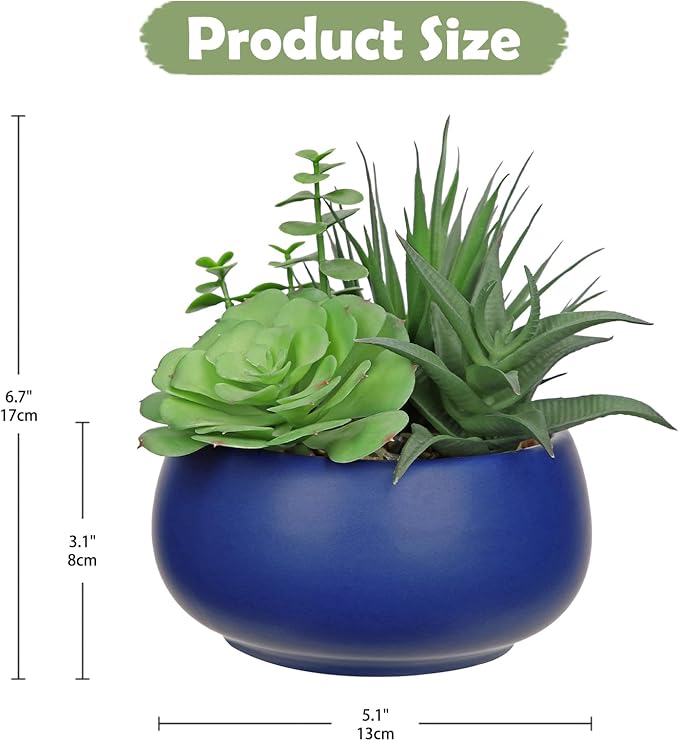Fake Plants Artificial Succulents in Pots Faux Succulent Arrangement Potted Plant with Blue Ceramic Pot for Home Decor Modern Office Desk Bathroom Shelf Living Room Indoor & Outdoor Decoration-VerdiqueGarden