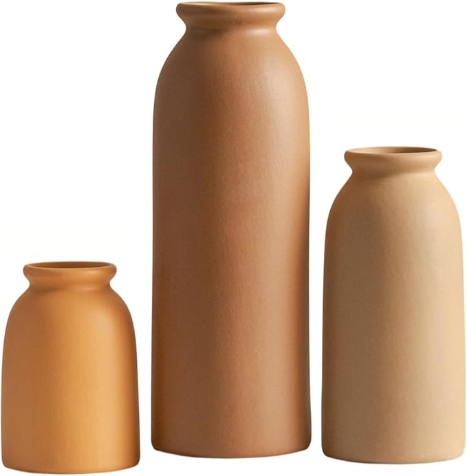 Ceramic Vase Set-3, Small Flower Vases for Decor, Modern Boho Farmhouse Style, Decorative Vases for Pampas Grass & Dried Flowers, Distressed Finish (Earth Tone)-VerdiqueGarden