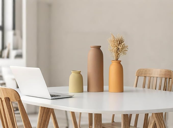 Ceramic Vase Set-3, Small Flower Vases for Decor, Modern Boho Farmhouse Style, Decorative Vases for Pampas Grass & Dried Flowers, Distressed Finish (Brown Mix)-VerdiqueGarden