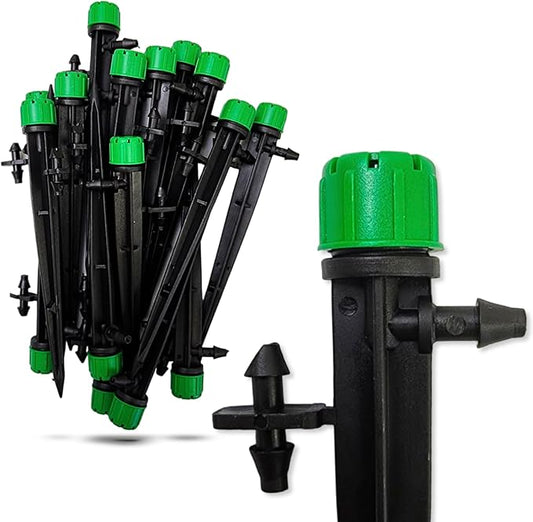 (100-PACK) - 1/4" Inch 360 Degree Drip Emitter On 6" Stake Sprayer Adjustable Flow 0-20 GPH, Fits 1/4 (4-6mm) Irrigation Tubing - Micro Bubbler Drippers for Drip Irrigation (25 Pack Dripper on Stake)-VerdiqueGarden