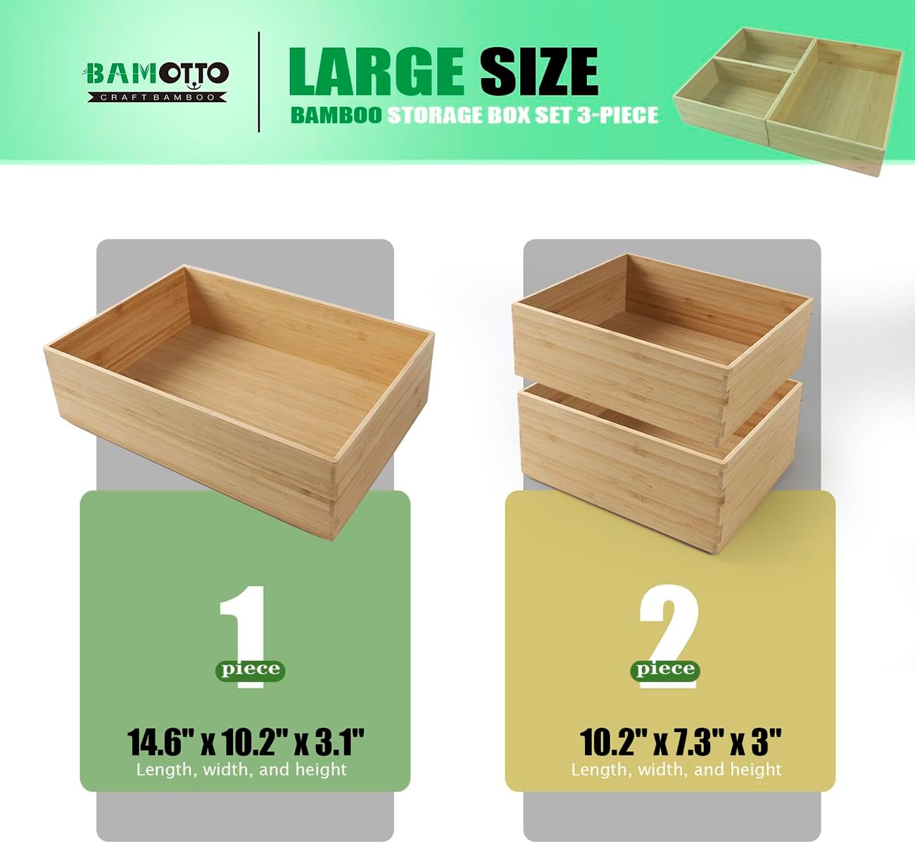3-Piece Large Bamboo Storage Box Set, 3.1 in High Stackable Deep-Drawer Organizer for Kitchen Cutlery, Cookware, Utensils & Knives, Exquisite Durable Lidless Wooden Bin (14.6"x10.2"*1+10.2"x7.3"*2)-VerdiqueGarden