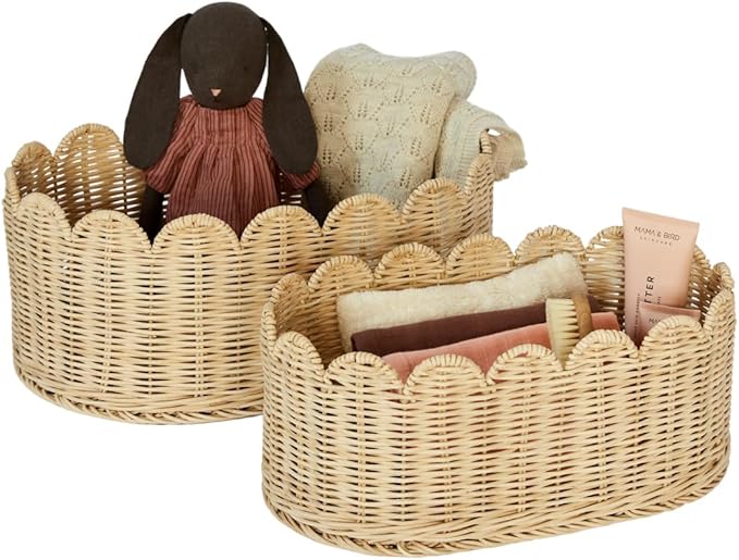 BEBE BASK Premium Scalloped Basket Set Of 2 - Scallop Basket - 16 x 10 x 7 Inch - Hand-Woven Elegant Wicker With Scalloped Edge - Nursery Storage (Natural)-VerdiqueGarden