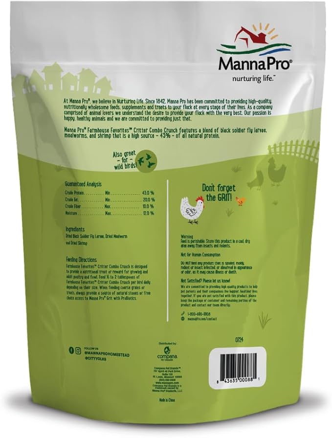 Manna Pro Farmhouse Favorites Critter Combo Crunch Poultry Treat - Protein Poultry Treat - Encourages Natural Foraging Behavior - 100% Natural Blend of Soldier Fly Larvae, Mealworms & Shrimp - 2lb Bag-VerdiqueGarden