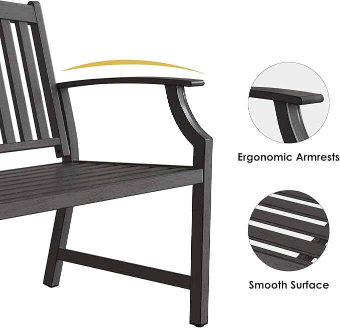 Grand patio 52" Farmhouse Outdoor Bench, Garden Benches with Rust Free Metal Powder Coated Frame and Aluminum Backrest, Faux Wood Grain Finish Frame Patio Bench for Front Porch, Weathered Grey-VerdiqueGarden