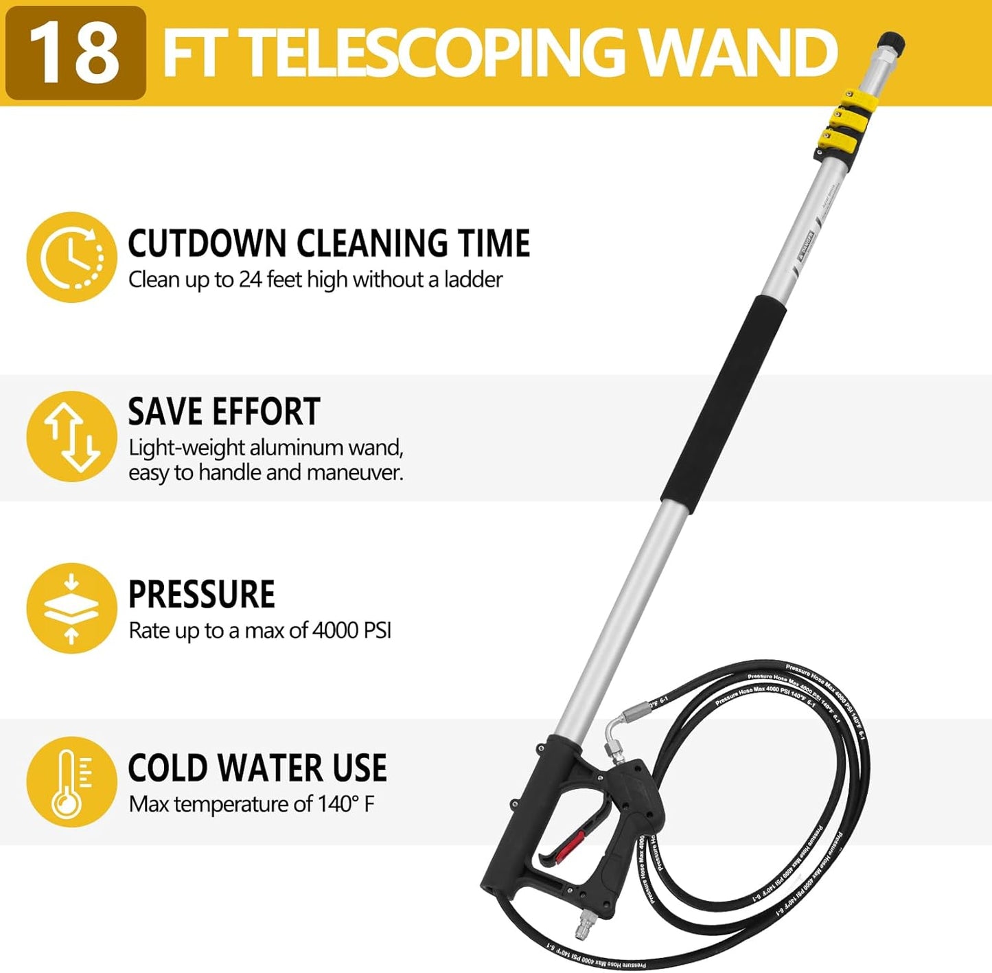 18 FT Telescoping Pressure Washer Wand with Power Washer Extension Wand, Gutter Cleaner Attachment, 5 Spray Nozzle Tips and 2 Hose Inlet Adapters-VerdiqueGarden