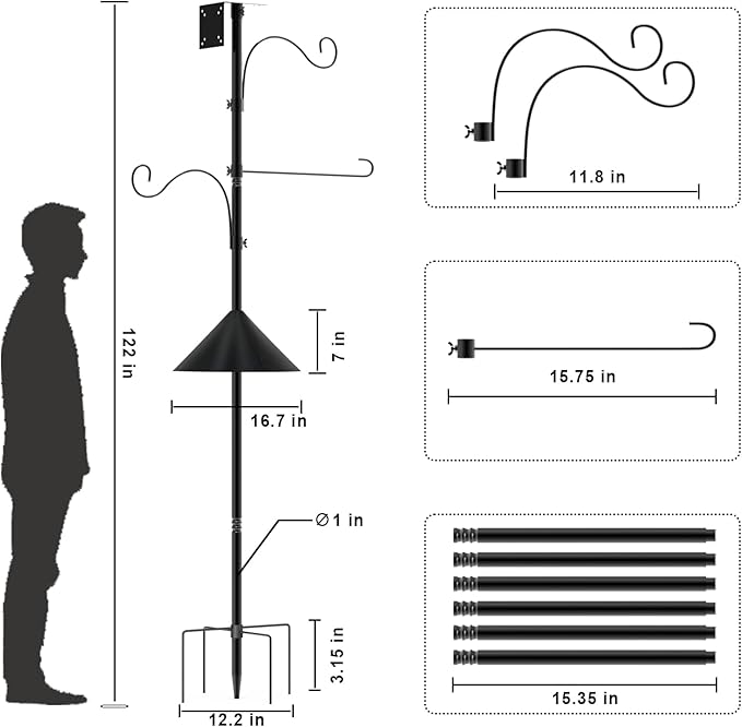 Bird Feeder Pole 118 Inch, Hummingbird House Mount Kit With Squirrel Proof Baffle, Double Shepherds Hooks for Outdoor, Yard, Garden Decor, Black (House Not Included)-VerdiqueGarden